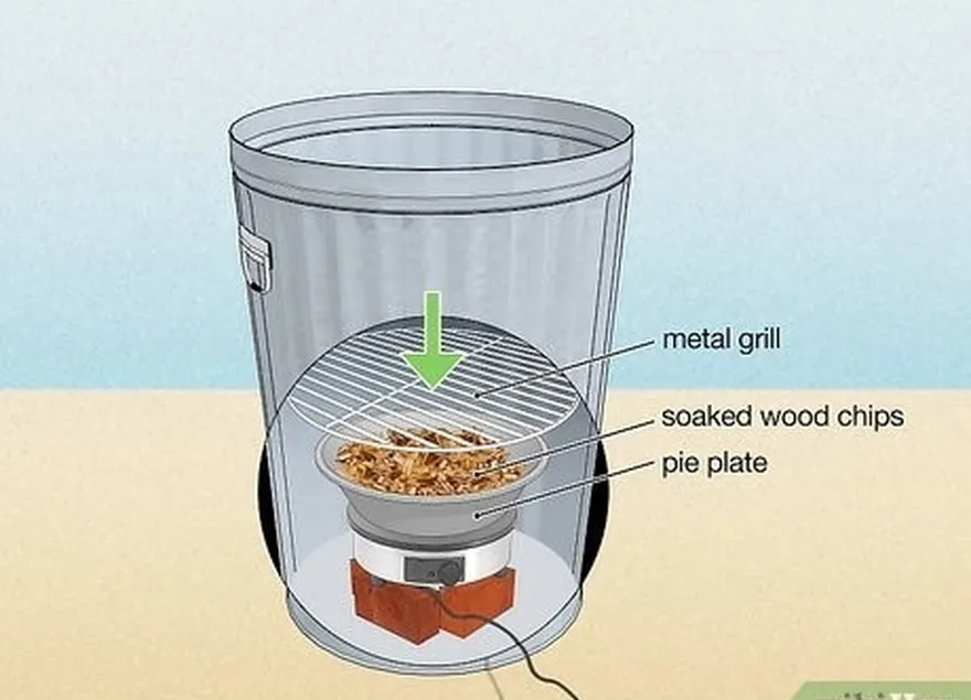 addım 3, isladılmış ağac çipləri və yanan bir metal qril olan bir pasta boşqabını qoyun.