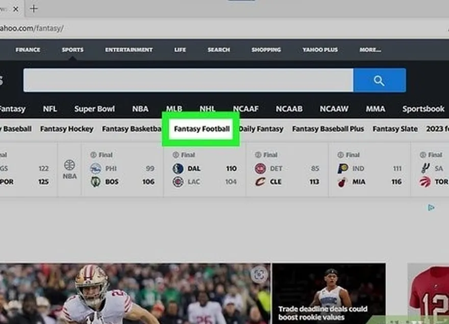 addım 2 siçan fantasy tab and select football.